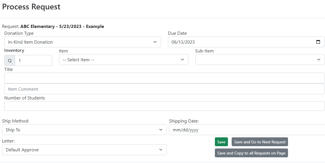 In-Kind Giving process request form example.